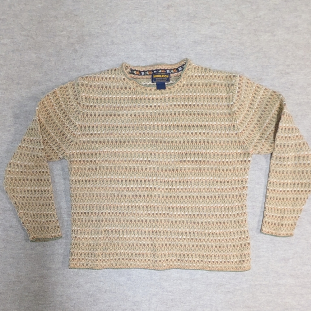 Woolrich Vintage Sweater Ramie & Cotton Textured Green And Tan Gorgeous Size L